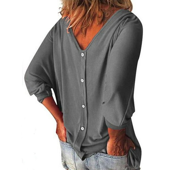Luxtrada Womens Plus Size T Shirts V Neck Loose Blouse 3/4 Sleeve Back Buttons Casual Solid Tops For Summer Fall "Gray, L"