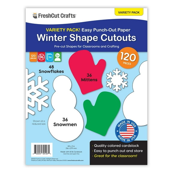 FreshCut Crafts Punch Out Paper Cutouts, Winter Shapes, Snowflakes, Mittens & Snowman, 120 Pieces