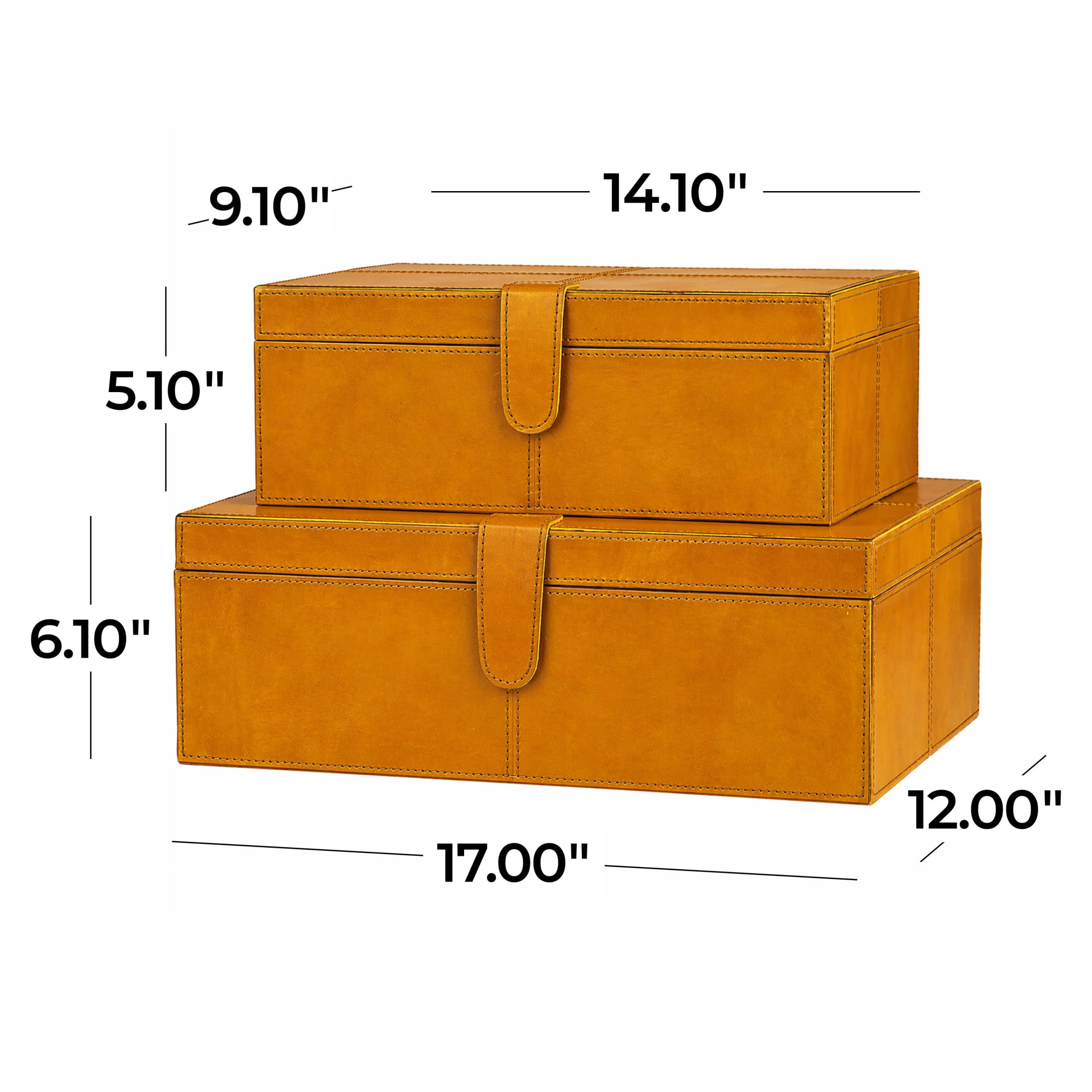DecMode Handmade Storage Brown Leather Decorative Box with Snap Front Closure and Orange Cognac Hue, 2 Count