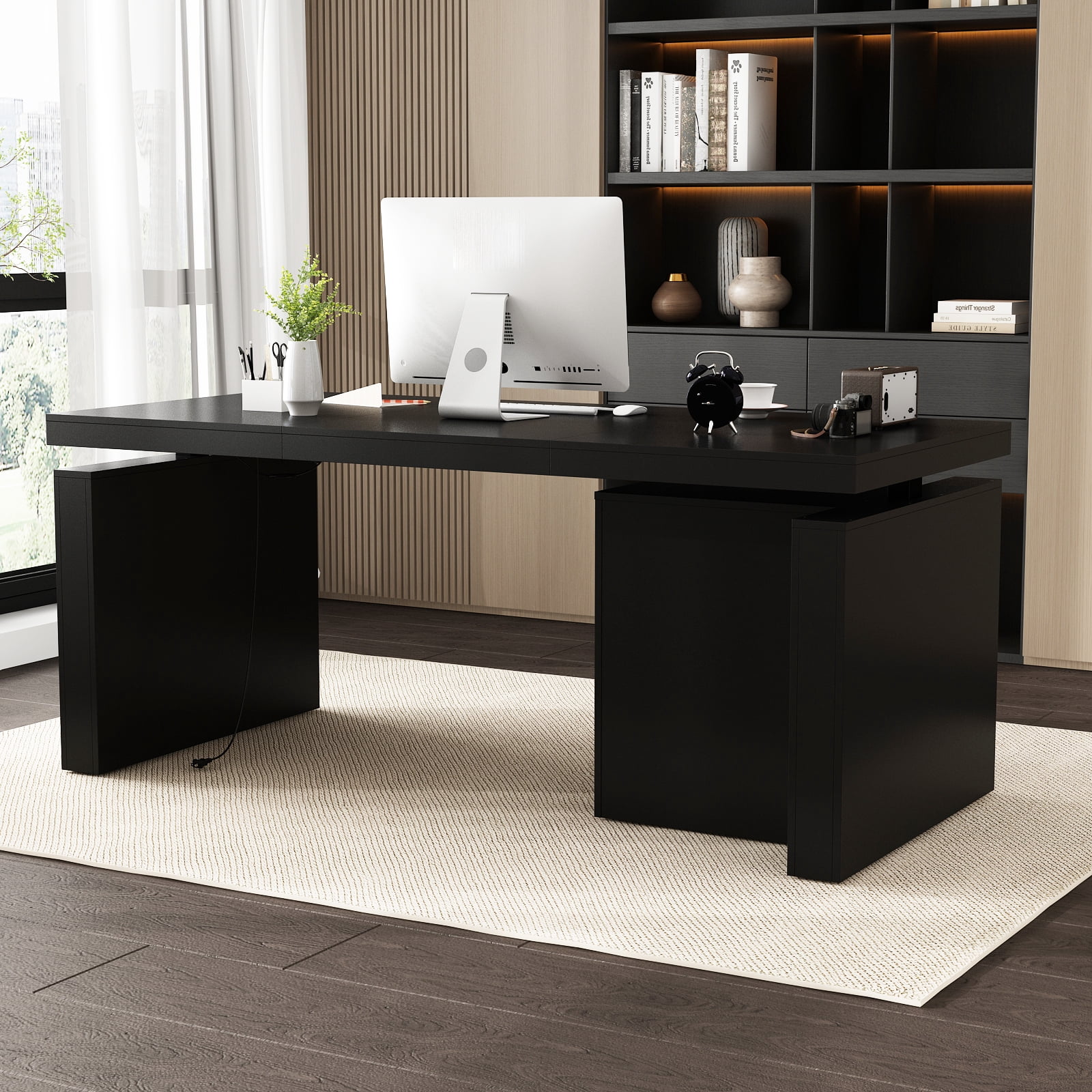 KULAGAGA Home Office Electric Standing Desk with Drawer and Cabinet, Height Adjustable Stand up Desk, 70.9" Computer Executive Corner Table, Black