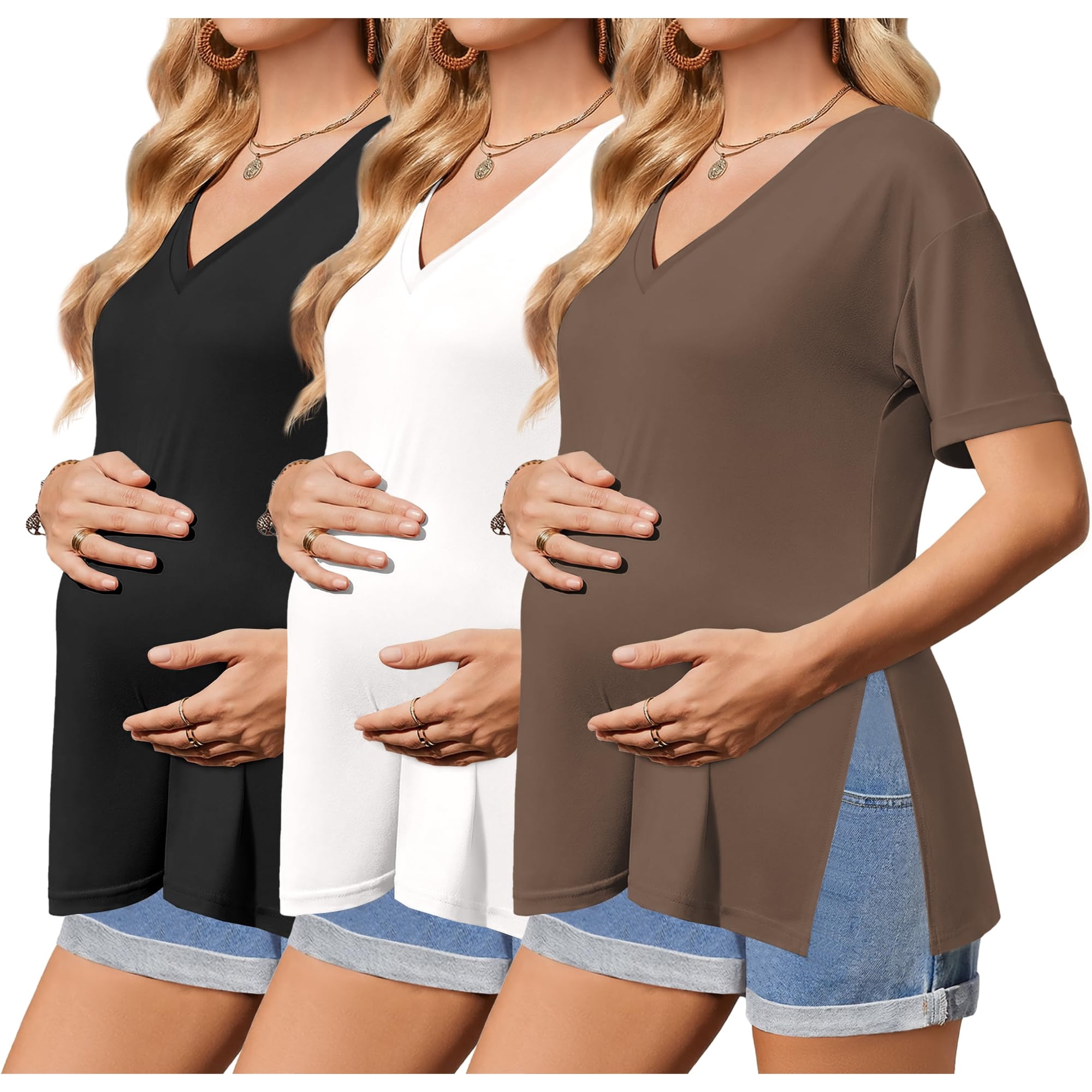 Ekouaer 3 Packs Women' Maternity Tops Short Sleeve Side Split Pregnancy Shirts Casual V Neck Pregnant Tees Mama Clothes Black/White/Brown
