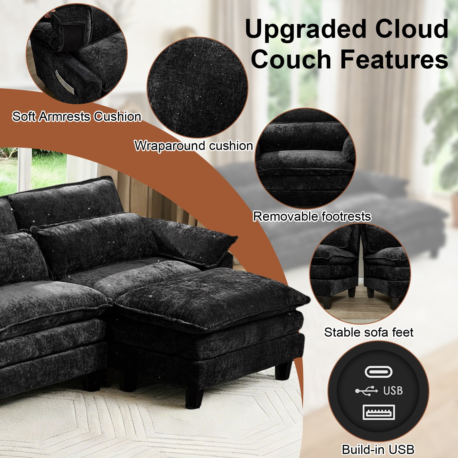 Howcool 148" Modular Sectional Sofa, 6 Seat U Shaped Cloud Couch with 2 Movable Ottomans, Deep Seat Chenille Sectional Couch with Washable Removable Covers for Living Room, Black