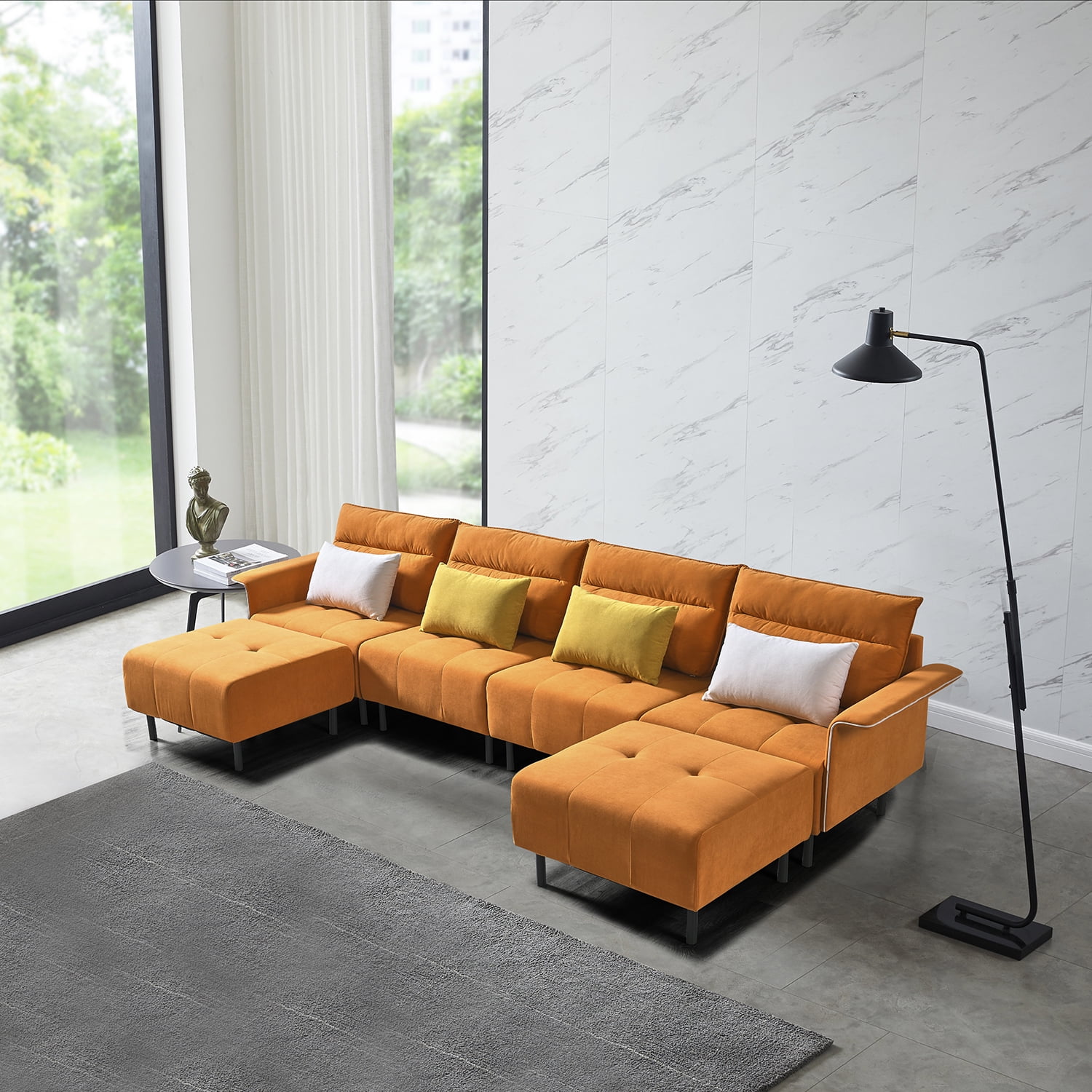 Kadyn Modern L-shaped Sectional Sofa for Living Room, Futon Sofa Bed for Home Hotel, Mid-century Modular Futon Sofa for Apartment Dorm, Orange