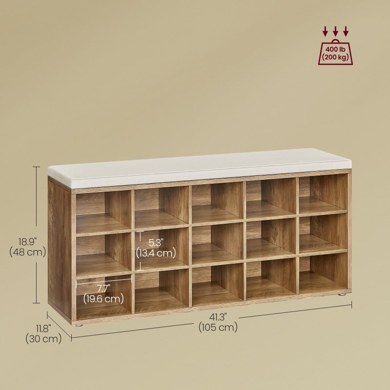 Honey Brown and Cappuccino Beige Entryway Bench with 15 Compartments,with Padded Seat, Shoe Bench with Cushion,11.8 x 41.3 x 18.9 Inches