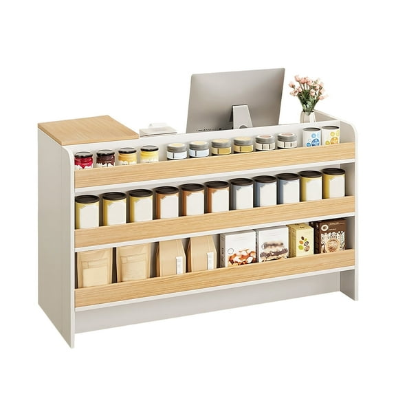 Modern Reception Desk Counter Table, Retail Reception Table with Lockable Drawers, Retail Checkout Counter with Open Shelves