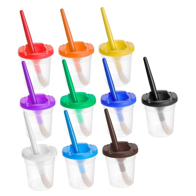 10 vasos de pintura lavables a prueba de derrames para niños principiantes con tapas, fáciles de limpiar, con 10 pinceles y vasos de agua.