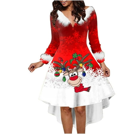 

Honeeladyy Women Long Sleeve Christmas Printed Furry V-Neck Draw Back Swing Party Dress Red Sales Online