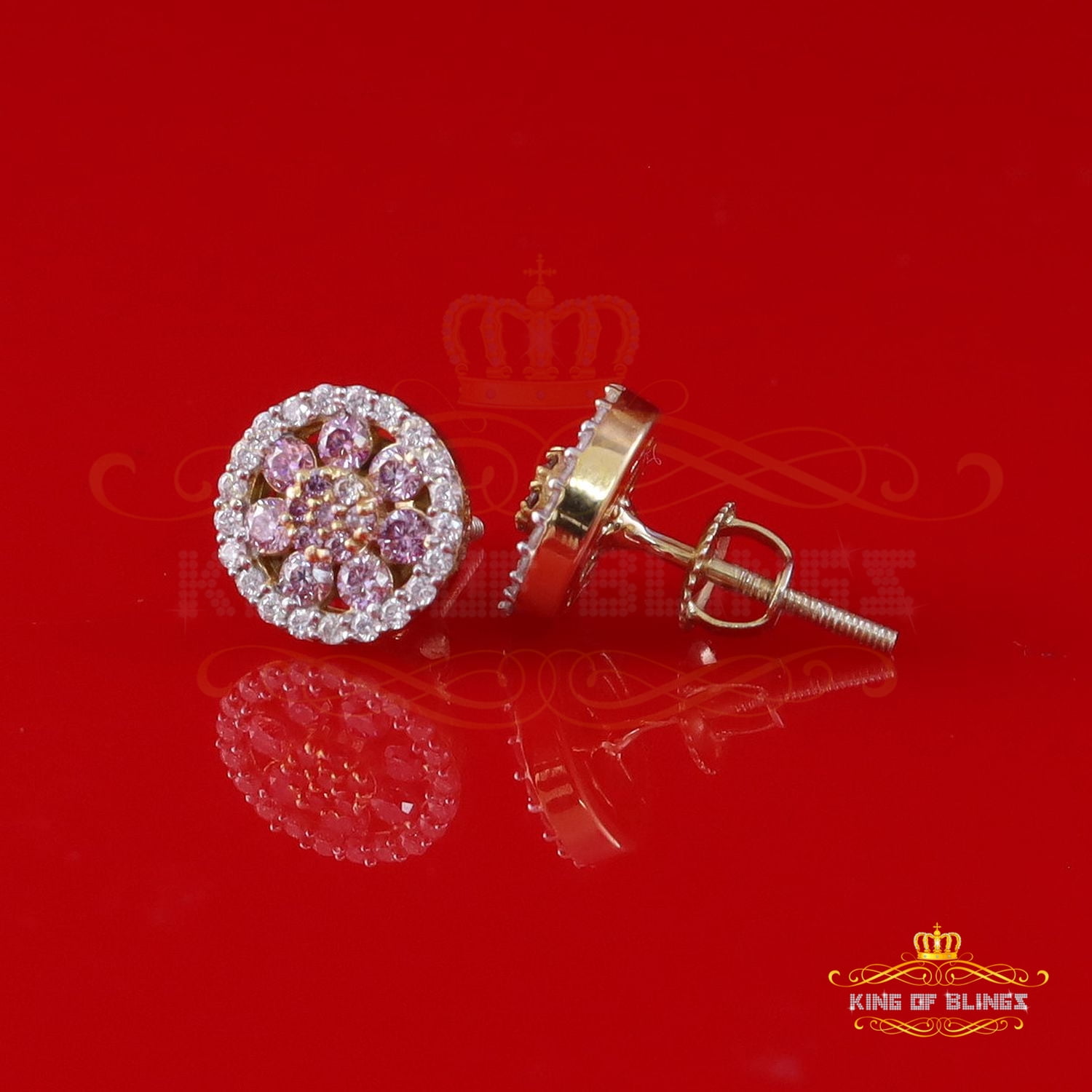 King of Bling's New 925 Silver Yellow 0.66ct VVS D Pink Moissanite Round Women's Stud Earrings