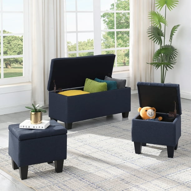 3 Piece Tufted Storage Ottoman Benches Set, Linen Upholstered End of