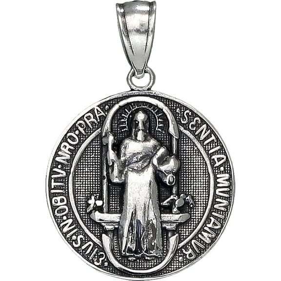Sterling Silver Saint Benedict Medal Reversible Charm Pendant Necklace Antique Finish with 18 Inch Chain