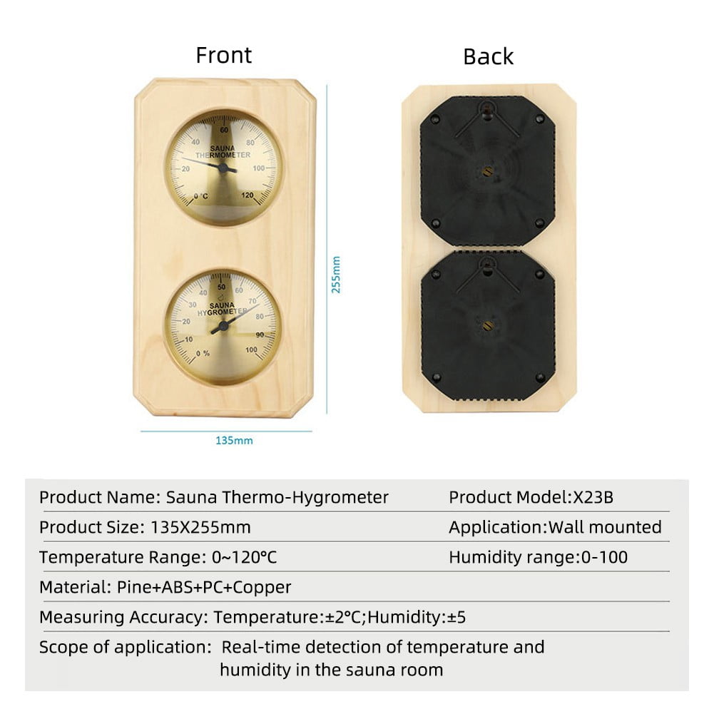 Pine Wood Sauna Thermometer Hygrometer 2 in 1 Wall Mounted Temperature Humidity Meter With Metal Construction For Steam Room Indoor 0-120℃ Measurement Range