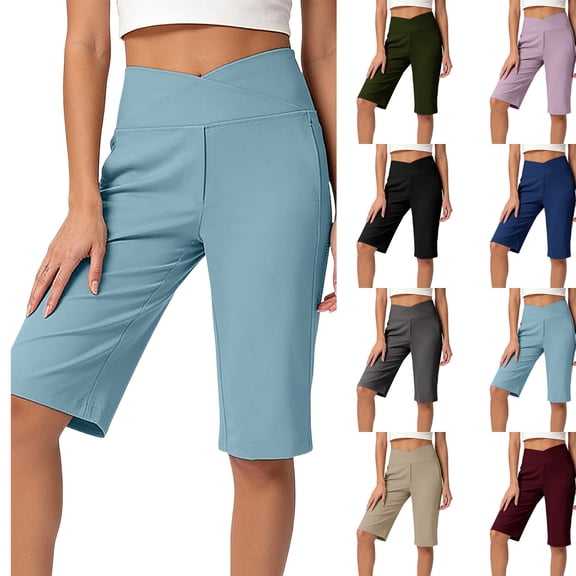 Women's 14" Bermuda Shorts Knee Length High Waisted Stretchy Long Shorts with Pockets Athletic Casual Summer ,L,#01 Sky Blue