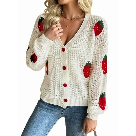 Women'S Kawaii Strawberry Embroidered Long Sleeve V Neck Chunky Knitted Tops Cream White L