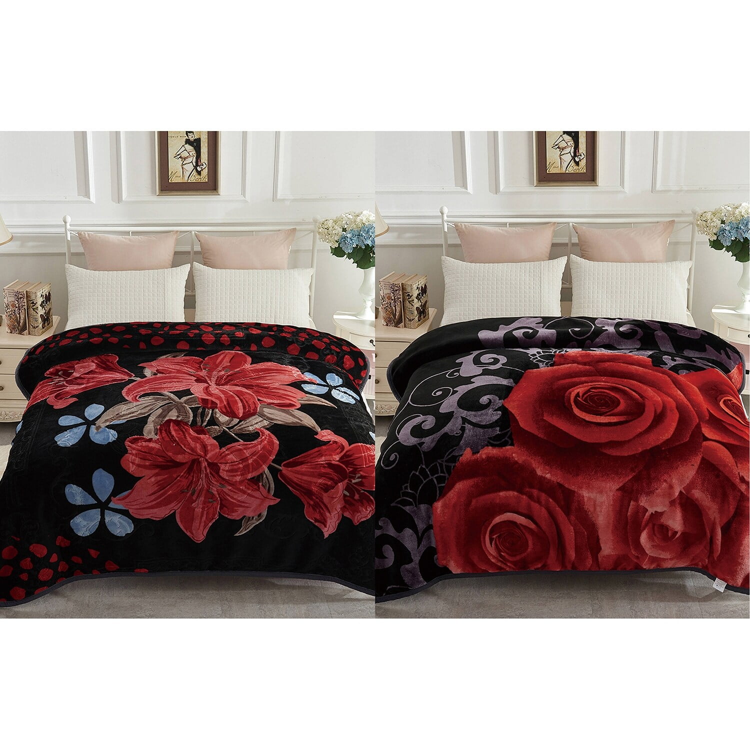JML 2 Ply Reversible Blanket Korean Style Mink Blanket Black Flower