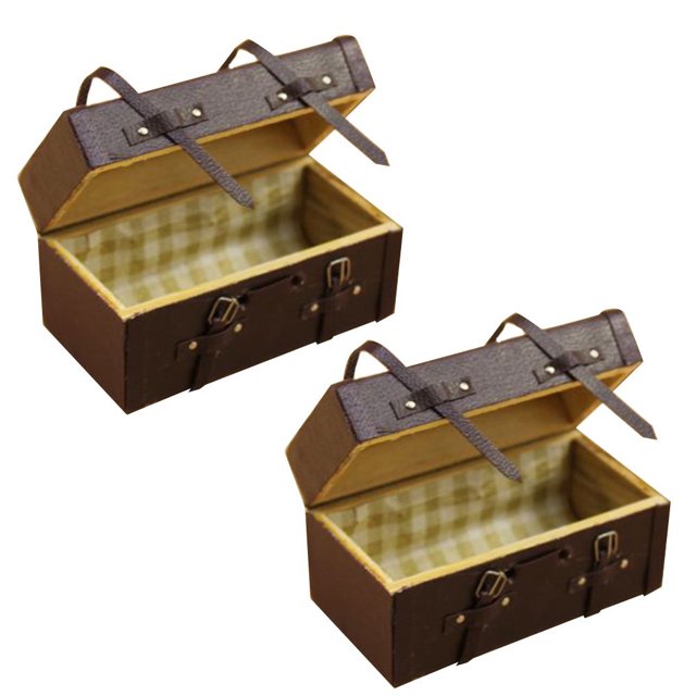 Maleta de cuero en miniatura Vintage decoración 1/12 muñecas Tronco Tronco Caja de equipaje Bolsa de viaje Juguete de madera Joyería Organizador 2 piezas Eigraketly FN003577-00