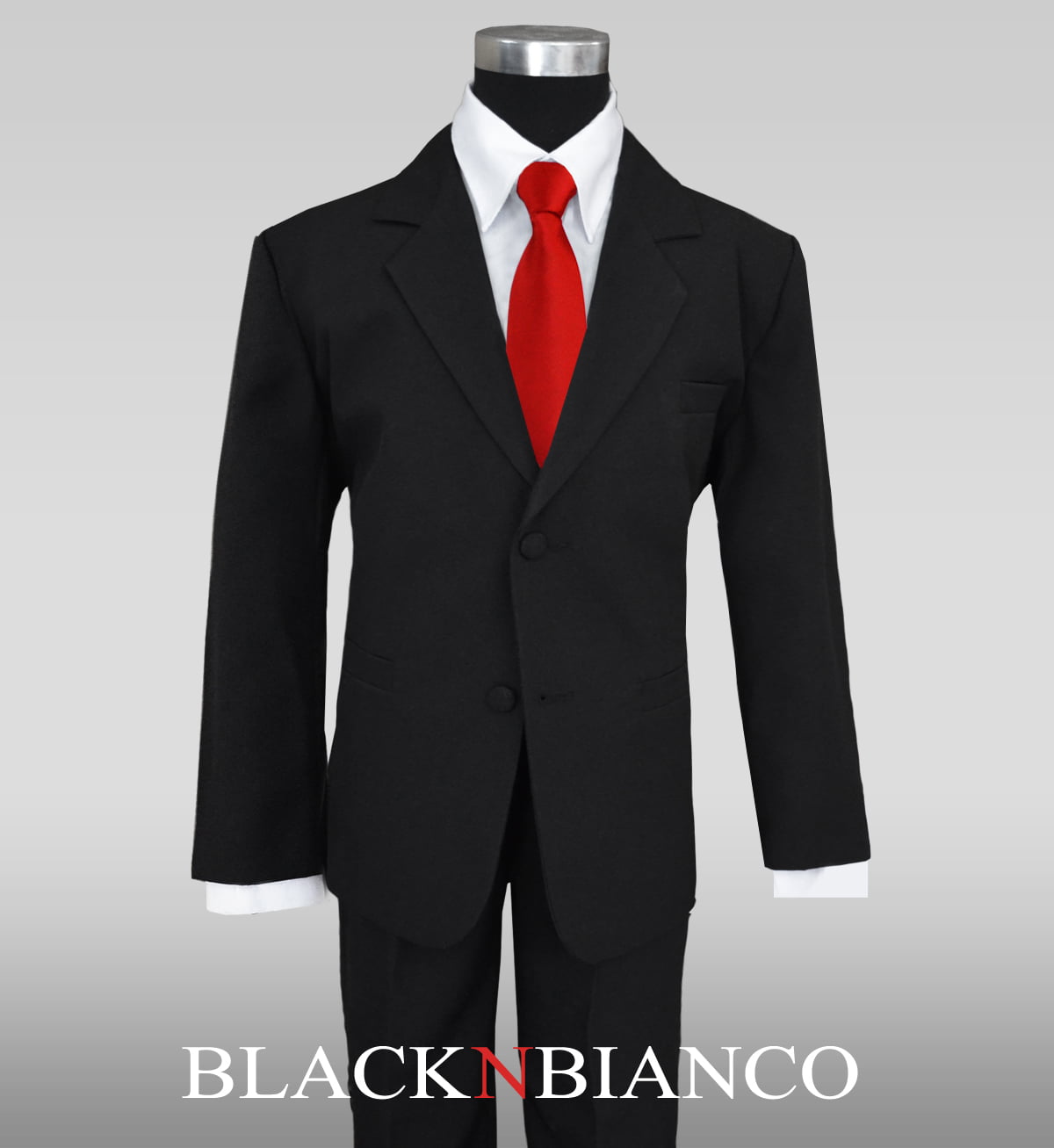 Big Boys Black Suit with Vibrant Red Long Neck Tie 