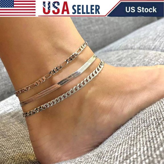 DEARMAY Women's Silver Ankle Bracelet Waterproof 3 Piece Set Pure Silver Gold-Pl