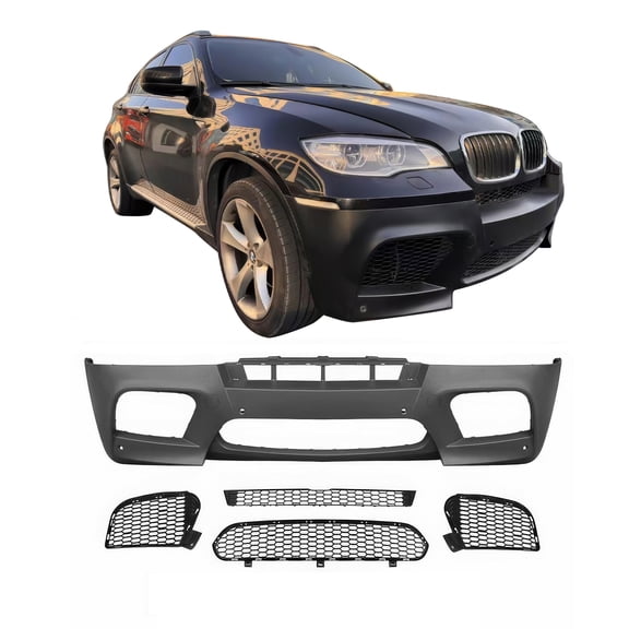 Ikon Motorsports Front Bumper Cover Compatible With 2008-2014 BMW X5 E71 PP Unpainted Black X6M Style Front Bumper Conversion Kit   Foglight Grilles   Upper & Lower Grilles With PDC Sensor Holes