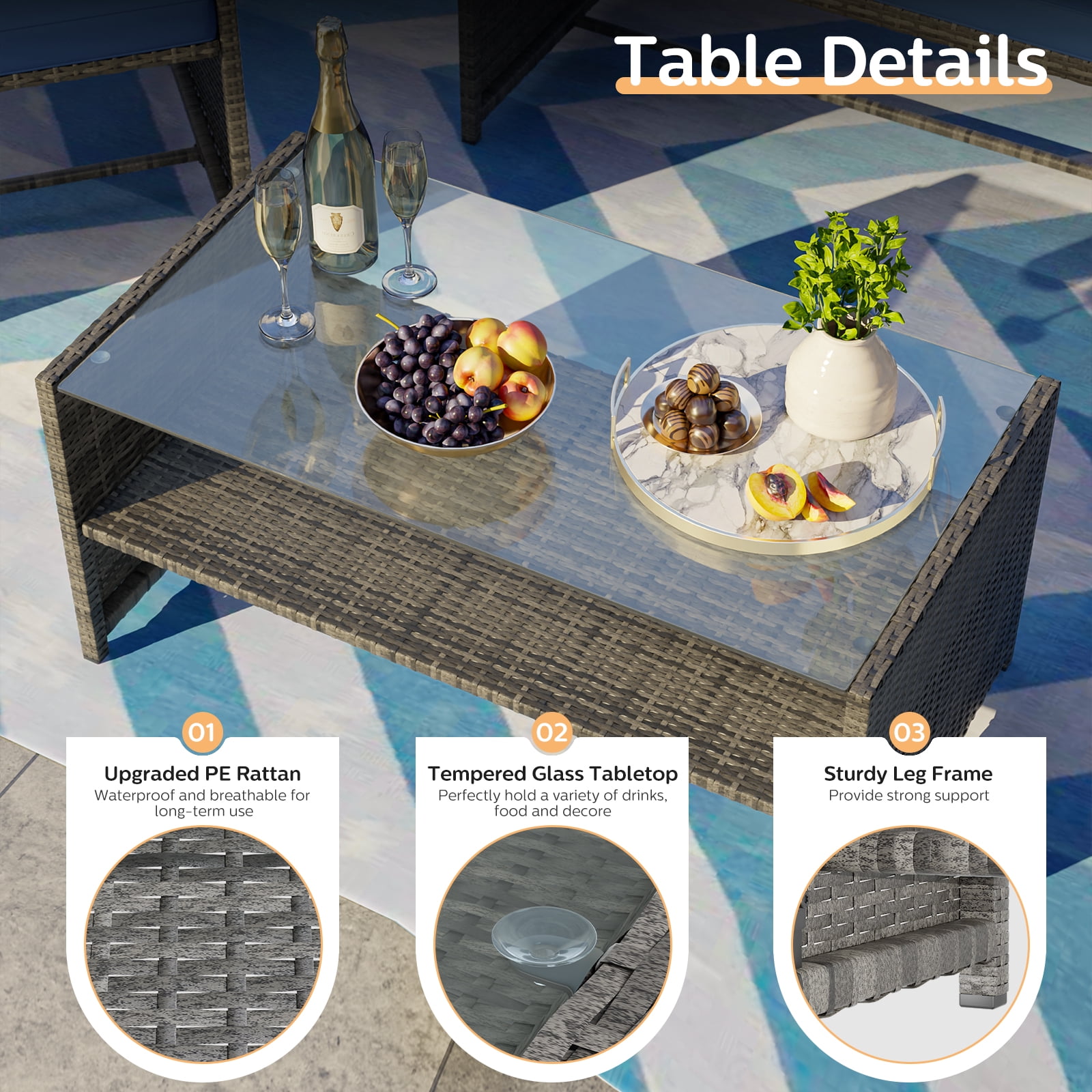 ELPOSUN 4-Piece Rattan Wicker Patio Furniture Set with Cushions and Tempered Glass Tabletop, Patio Conversation sets Navy Blue