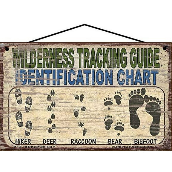 5x8 Vintage Style Bigfoot Themed Sign - Wilderness Tracking Guide Identification Chart - Hiker Deer Raccoon Bear Bigfoot Footprints Home Décor
