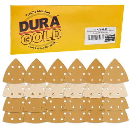 

Dura-Gold Premium Triangle Mouse Sanding Sheets Variety Pack - 60 80 120 180 240 320 Grit (4 Each 24 Total) 6 Hole Pattern Hook & Loop Triangular Shaped Sander Discs Aluminum Oxide Sandpaper