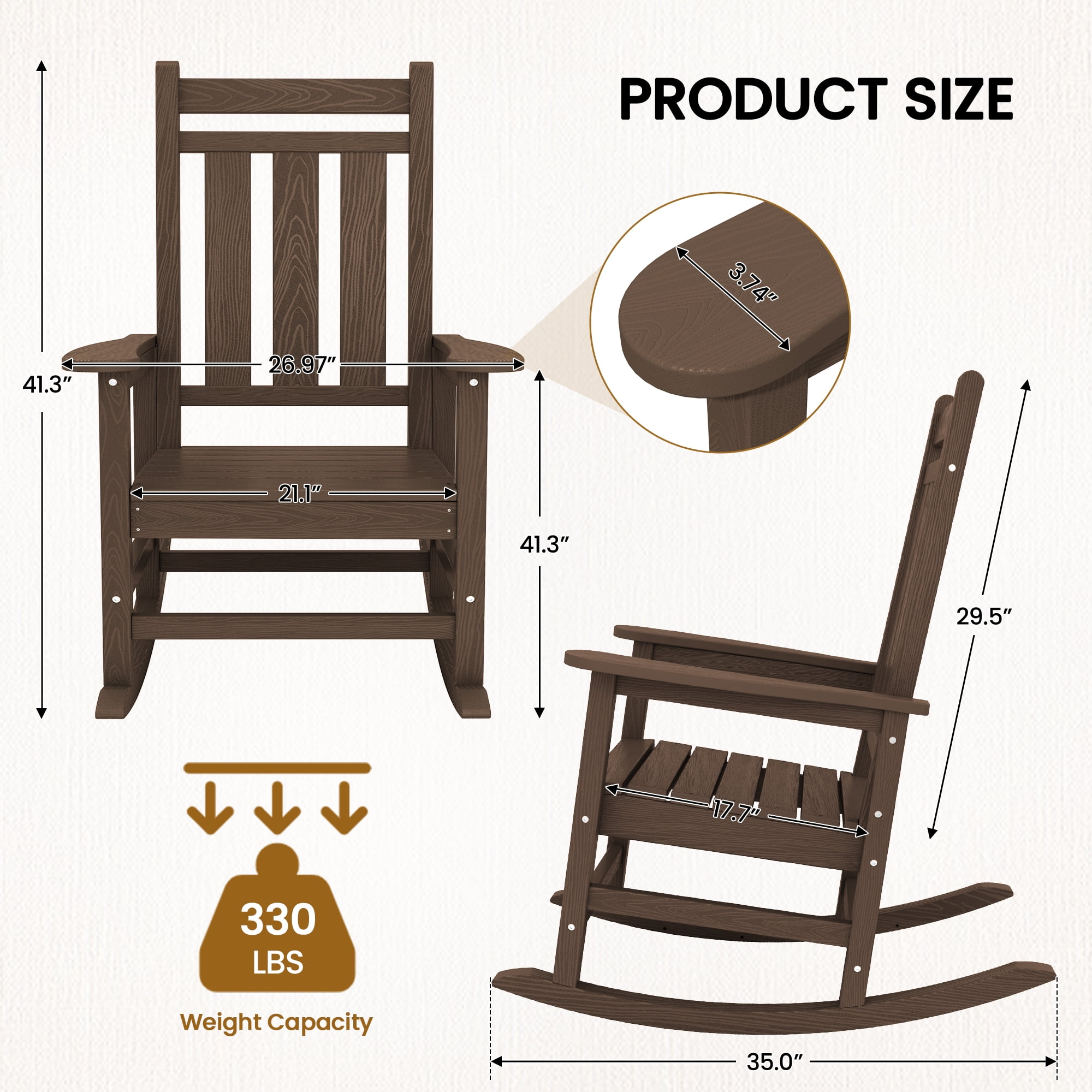 KINGYES Outdoor Rocking Chair Set of 2 HDPE All Weather Patio Rocker for Garden Lawn, Brown