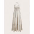 thumbnail image 5 of Womens Apricot Boho Halter Maxi Dress V-Neck Smocked Waist Tiered Beach, 5 of 5