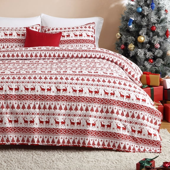 Reversible Artistic Christmas Quilt Set Lightweight Bedspread Coverlet, Christmas Tree Reindeer Snowflake Design All-Season Boho Bedding Queen/King Size