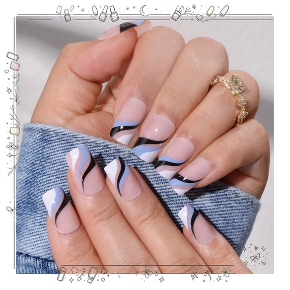 Acrylic French Fake Nails,Medium Square Press on Nails Swirls Design,Glossy False Nails with Blue Line for Women Girl Daily Wear,Artifical Full Cover Nails Gift for Wedding Valentine's 24PCS