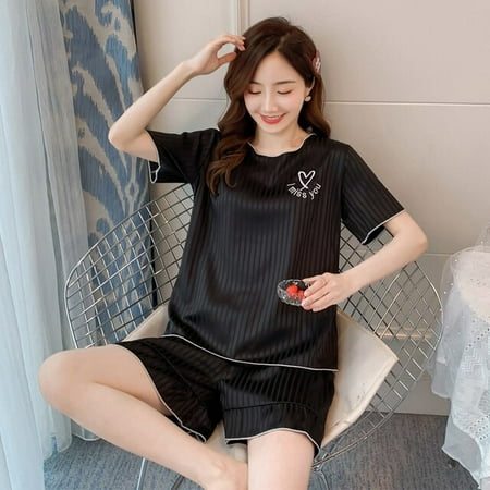 

DanceeMangoo Faux Silk Pajamas Set Spring Summer Woman Pajamas Sleepwear Casual Short-sleeved Trousers Satin Silk Female Home wear Set