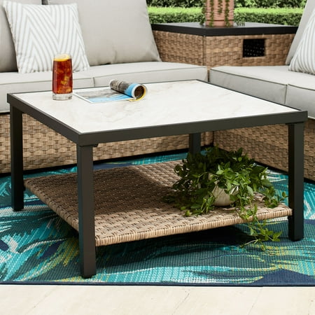 Better Homes & Gardens River Oaks Tile Top Coffee Table with All-Weather Wicker Shelf, White