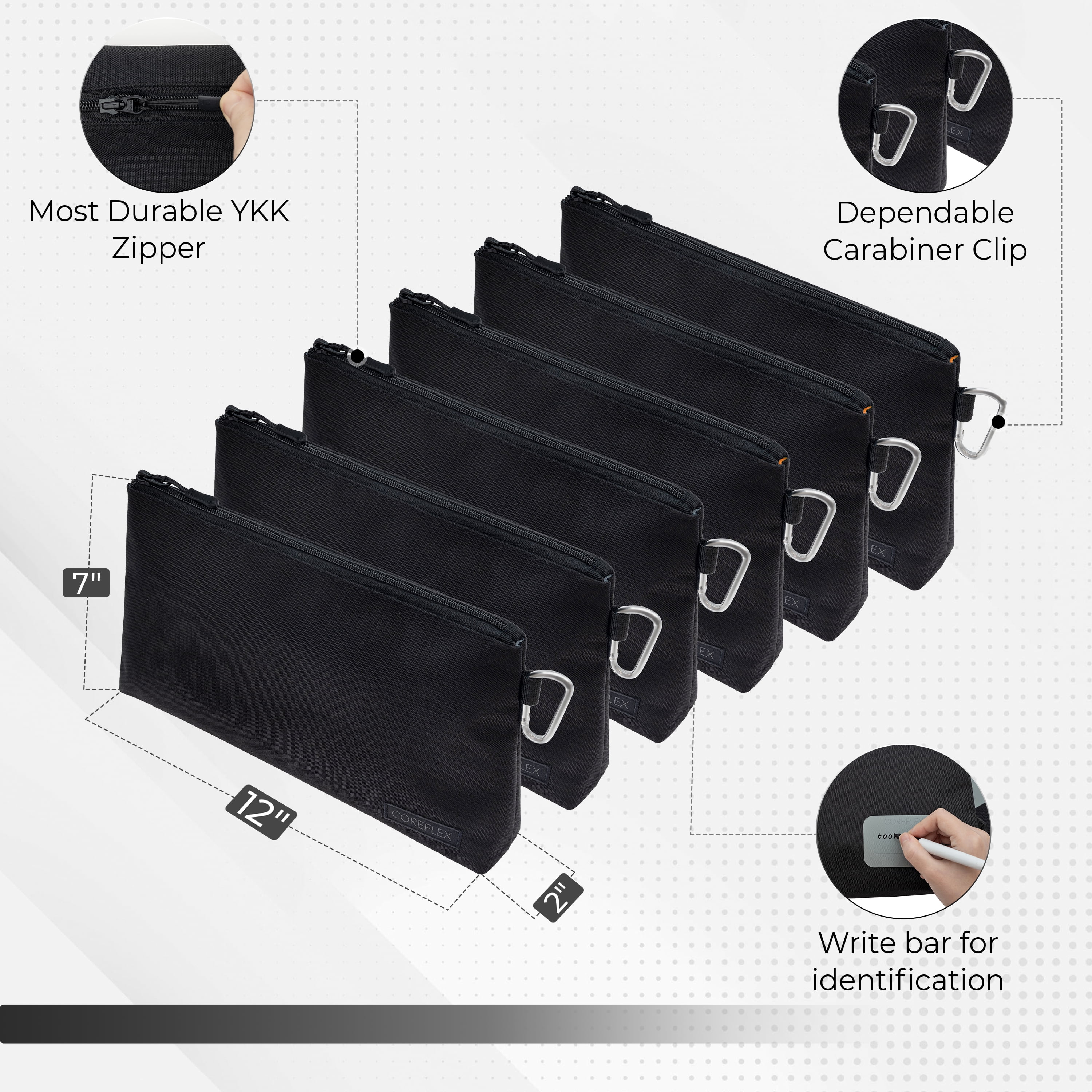 Coreflex 6 Pack Premium Tool Pouch Zipper Bag, Small Tool Bag, Multipurpose Storage pouch, 12 X 7 X 2 inches, All Black
