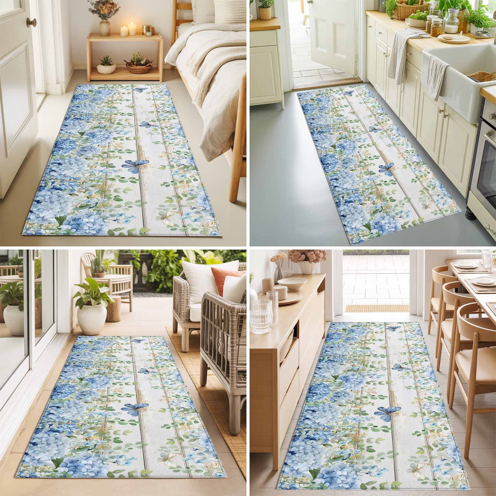 Runner Rugs 2x6 Ft, Blue Hydrangea Non Slip Area Rugs for Kitchen Bedroom Entryway, Spring Summer Eucalyptus Wooden Washable Carpet Runner Rug Floor Mats for Bedroom Home Decor