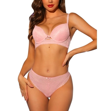 Unique Bargains Women s Lace Bra and Panty Set Full Coverage Underwire Bras Lingerie Sets 40C Pink