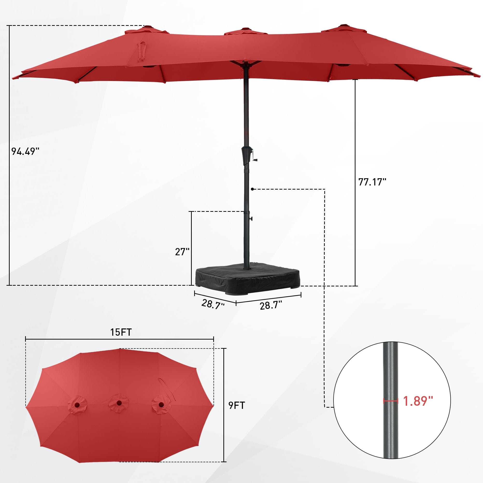 Autlaycil 15' Outdoor Patio Umbrella and Matching Base, Market, Beach, Garden, Yard, Party, Red