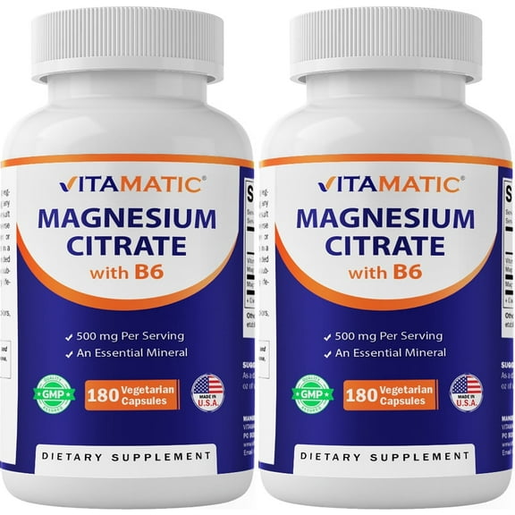 Vitamatic Magnesium Citrate 500mg per Serving - 180 Vegetarian Capsules (Provides 150 mg of Elemental Magnesium) - Added B6 for Maximum Absorption - Supports Muscle, Joint, and Heart Health* - 2 Pack