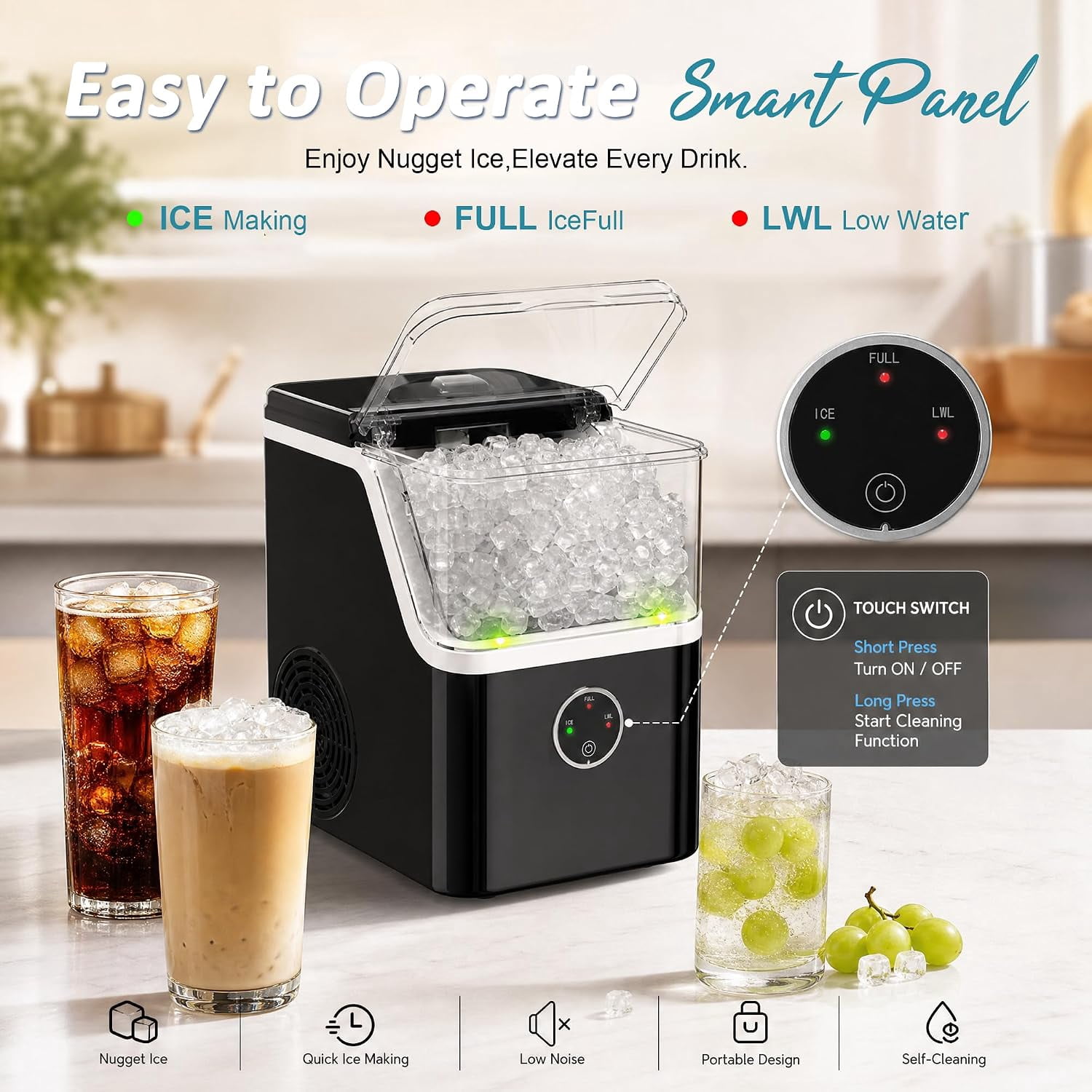 Countertop Nugget Ice Maker Machine 41.89lbs/Day, Soft Chewable Pellet Ice Ready in 6-13 Mins, One Touch Auto Self Clean for Home Kitchen Party Bar