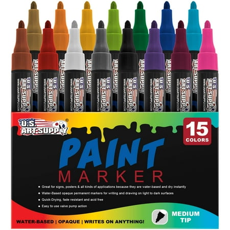 Opaque Permanent Marker Style Pen - Water Based Premium Paint Pen Markers from U.S. Art Supply - 15 Color Set of Medium Point Tips - Permanent Ink