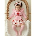 thumbnail image 6 of BemeyourBBs Newborn Baby Girl My First Valentines Day Outfit Long Sleeve Letters Heart Printed Romper Ruffle Skort Skirt Set Headband and Stockings 4Pcs Spring Clothes, 6 of 9
