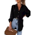 thumbnail image 3 of DYMADE Women Roll Tab Sleeve Solid Color Button Lapel Blouse, 3 of 4