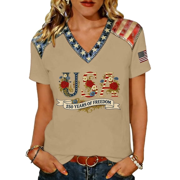 JULMCOMO 4th of July Shirts Women Red White Blue V Neck 250th Anniversary Tops Patriotic Short Sleeve American Flag T Shirts Beige M