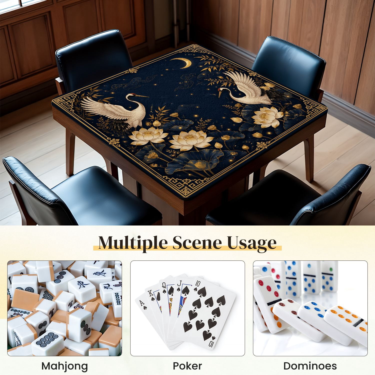 Mahjong Mat 31.5" x 31.5" Elegant White Cranes Golden Lotus Flowers Leaves Dark Blue Night Sky Non-Slip Noise Reduction Mahjong Tiles Table Cover for Dominoes Poker Card Board and Tile Games