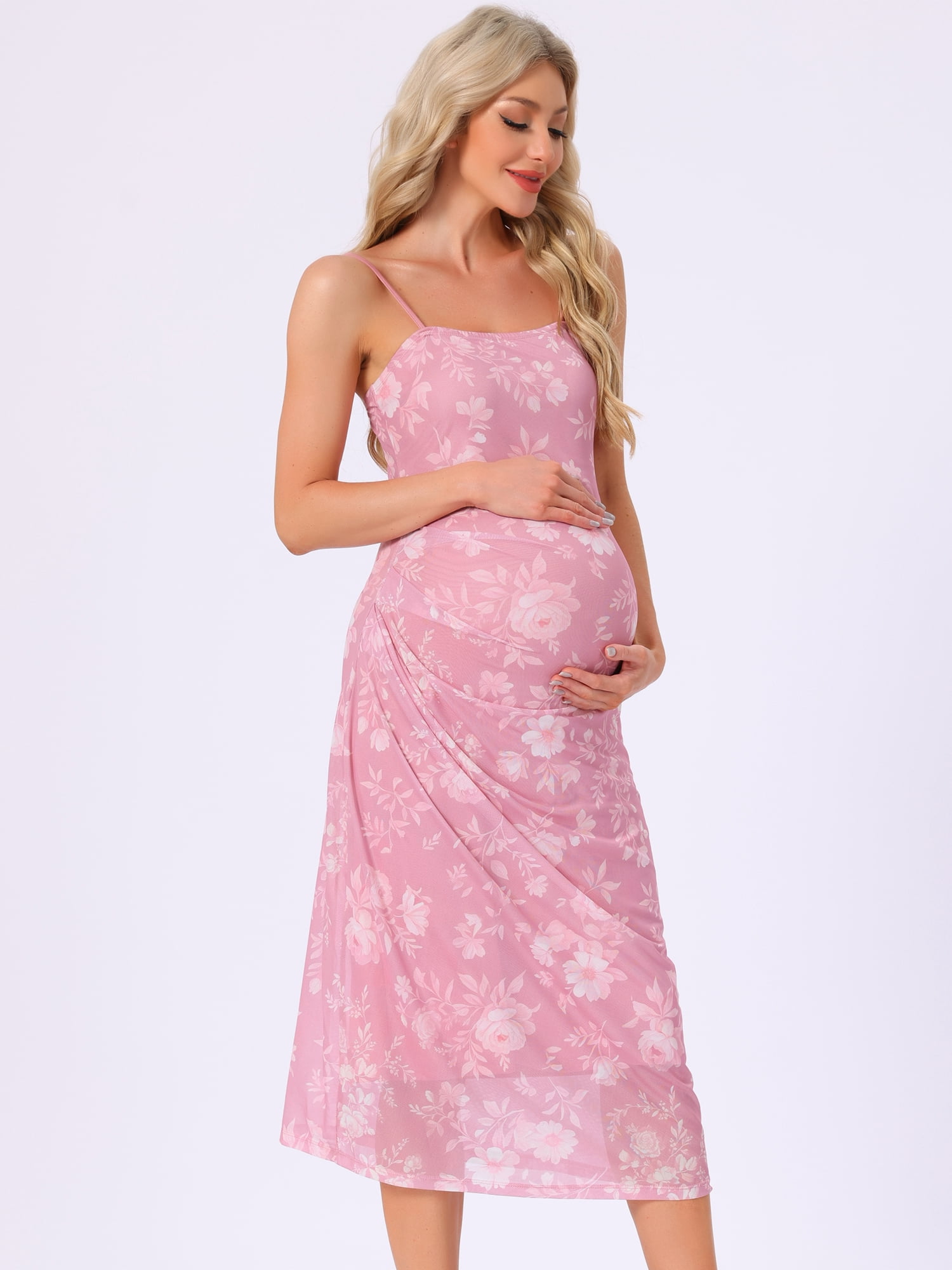 DARING DIVA Women's Mesh Ruched Side Bodycon Spaghetti Strap Maternity Dress M Pink