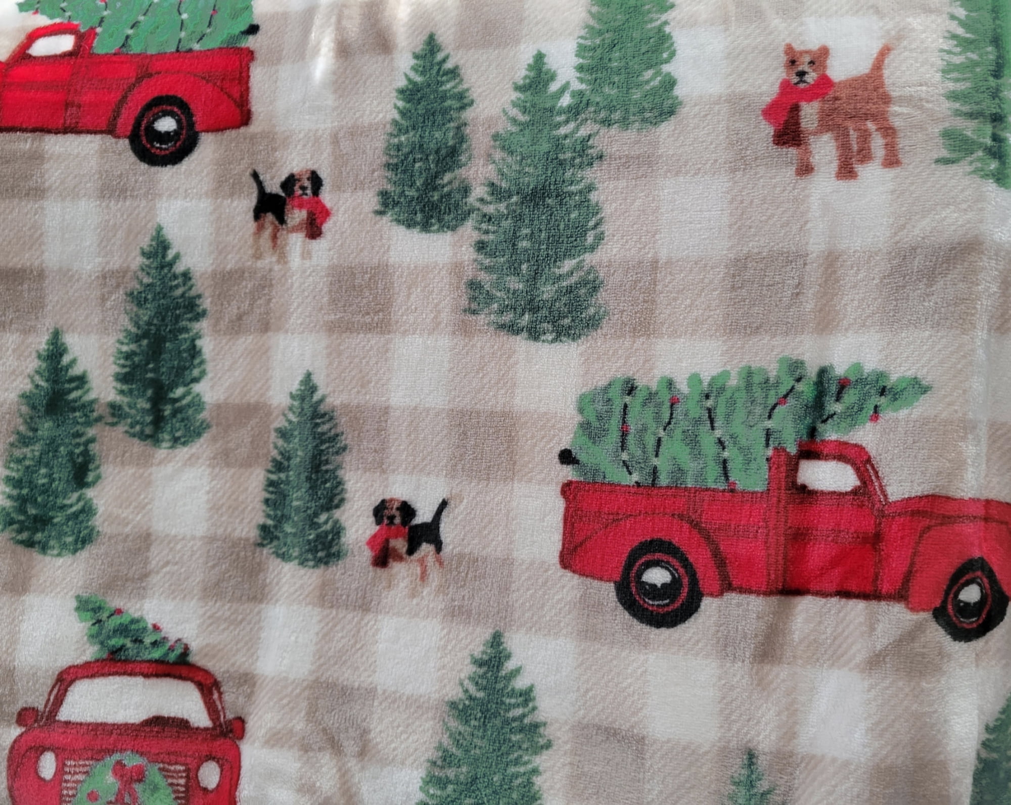 North Pole Trading  Red Truck Dogs Throw Blanket 50 x 60 inches Grey Buffalo Plaid Velvet Plush Adults