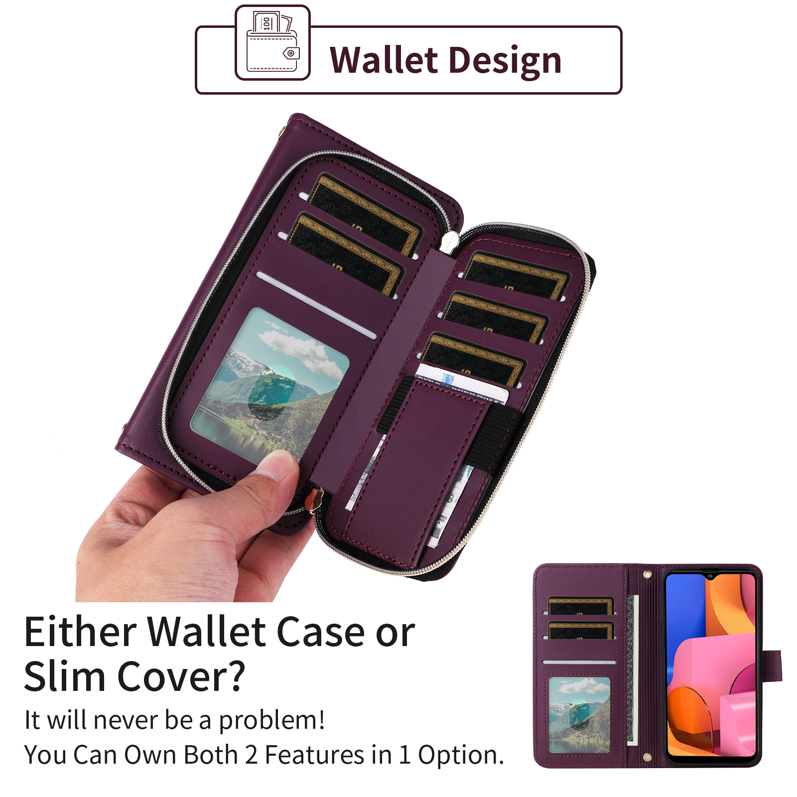 Furiet Argyle Wallet Case for Samsung Galaxy A20s with Wrist/Shoulder Strap, Zipper Purse Luxury PU Leather Card Holder Slots Stand Checkered Phone Cover for A 20s Plus A207M Women Girls Deep Purple