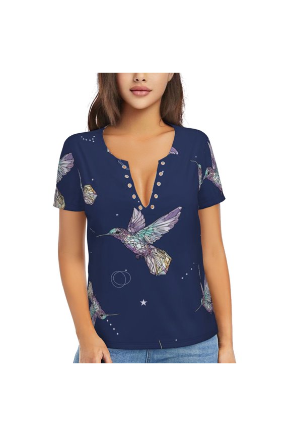 Womens Short Sleeve T Shirts Casual V Neck Tops Blouse Tee, Hummingbird Flying Birds