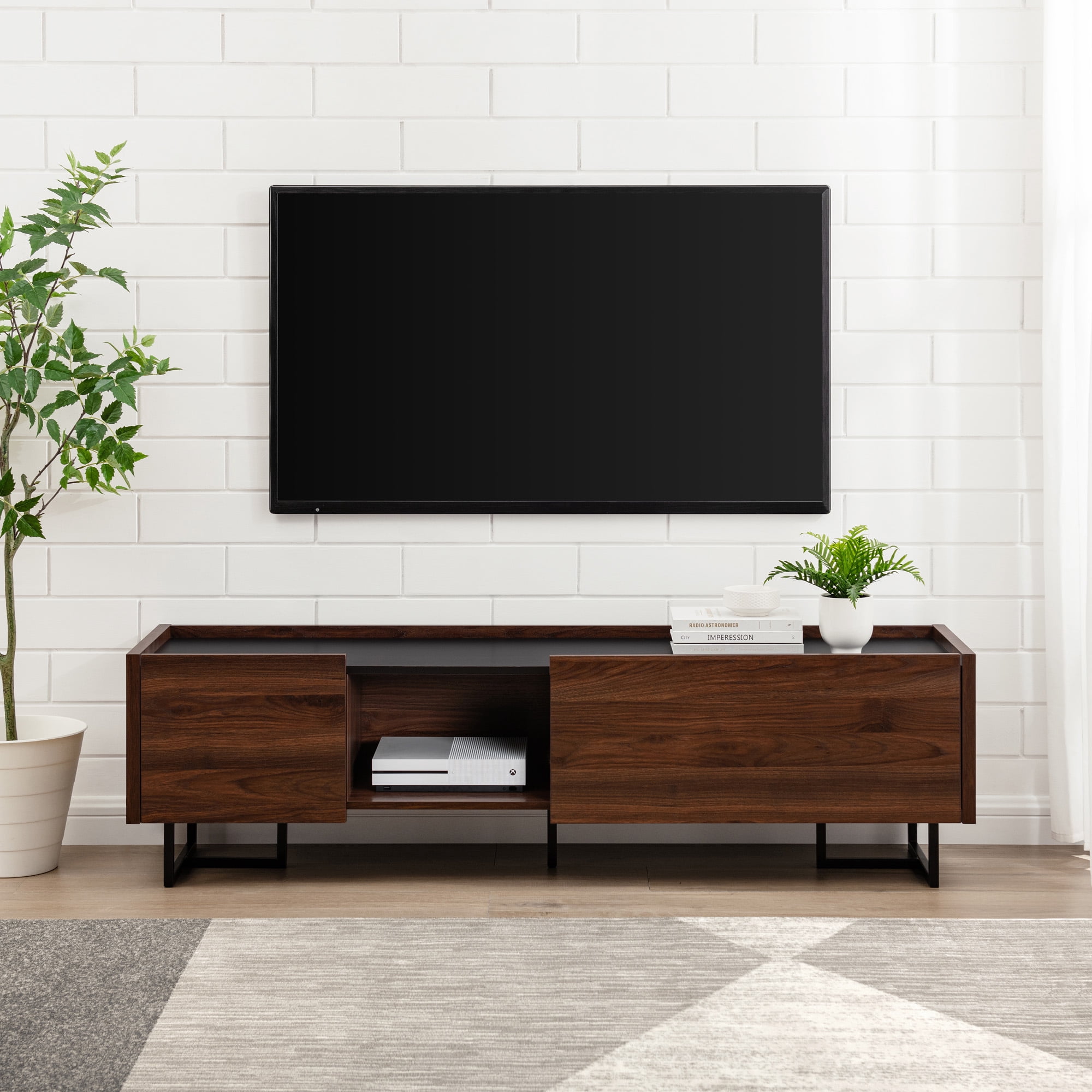 Walker Edison 63” Modern Gallery Top Storage Console, Dark Walnut