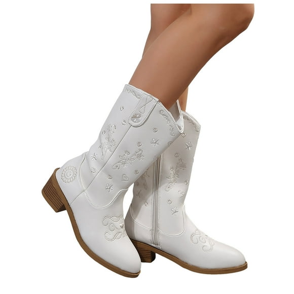 Womens Wide Mid Calf Cowgirl Boots Fashion Floral Embroidered Leather Chunky Mid Heel Cowboy Boots with Side Zipper