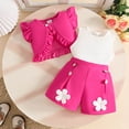 thumbnail image 3 of Huowey Toddler Girls Easter 3 Piece Outfits Solid Color Knitted Button Down Vest Cardigan Ribbed Tops Shirts Flower Ruffled Shorts Stylish Spring Summer Clothes Sets,Hot Pink,18-24 Months, 3 of 4