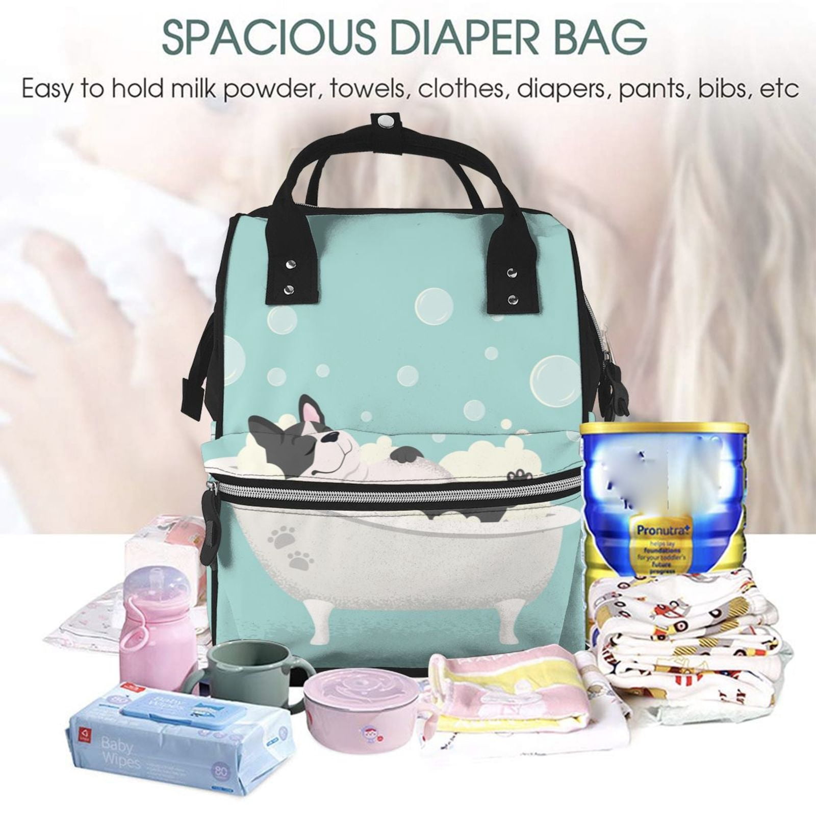 Fuzoiu French Bulldog Taking a Bath Print Diaper Bag Backpack,Baby Essentials Travel Tote,Multi function Waterproof Diaper Bag, Travel Essentials Baby Bag - Unisex